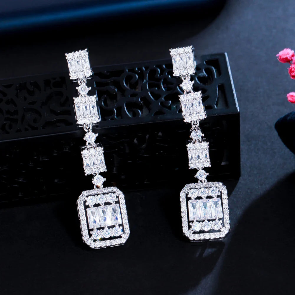 CWWZircons Gorgeous White Baguette CZ Long Dangle Party Earrings for Women Chic Cubic Zirconia Engagement Bridal Jewelry CZ065