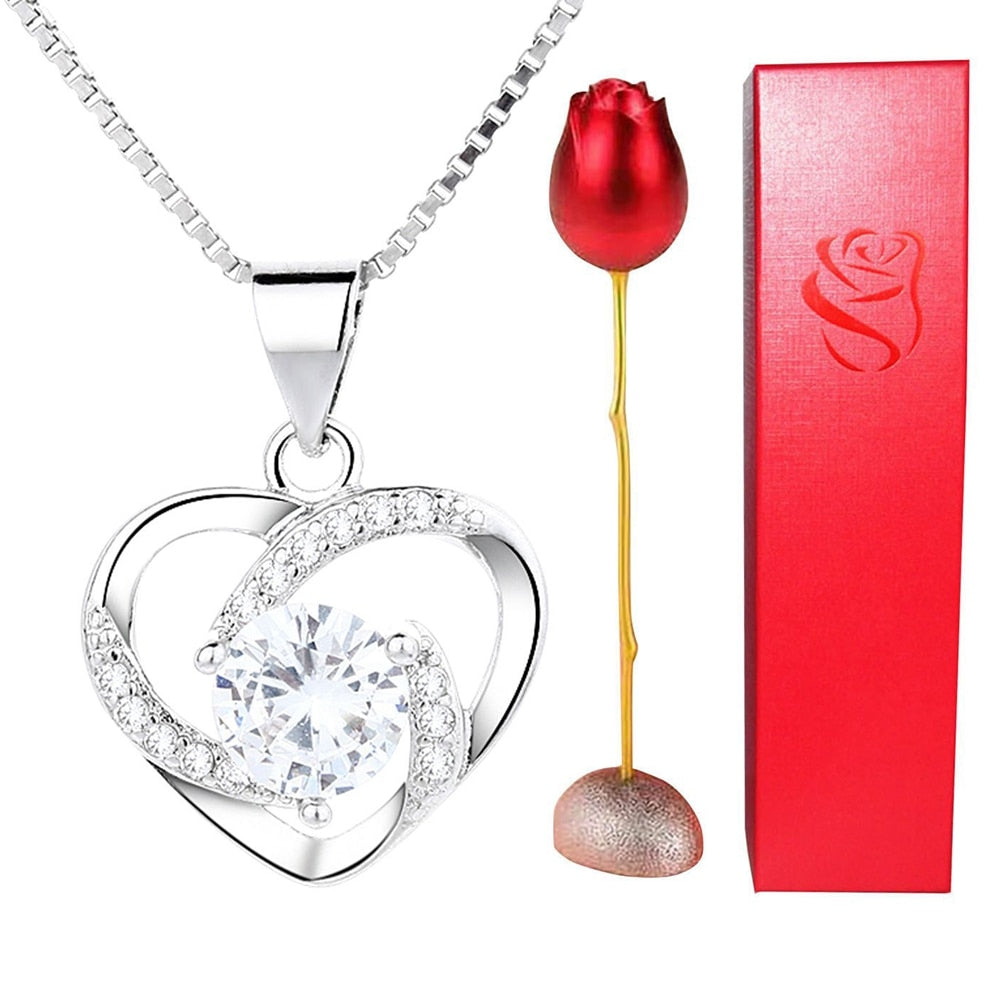 Rose Holder Eternal Love Necklace Set Romantic Rhombus Zircon Pendant With Immortal Valentines' Day Gifts