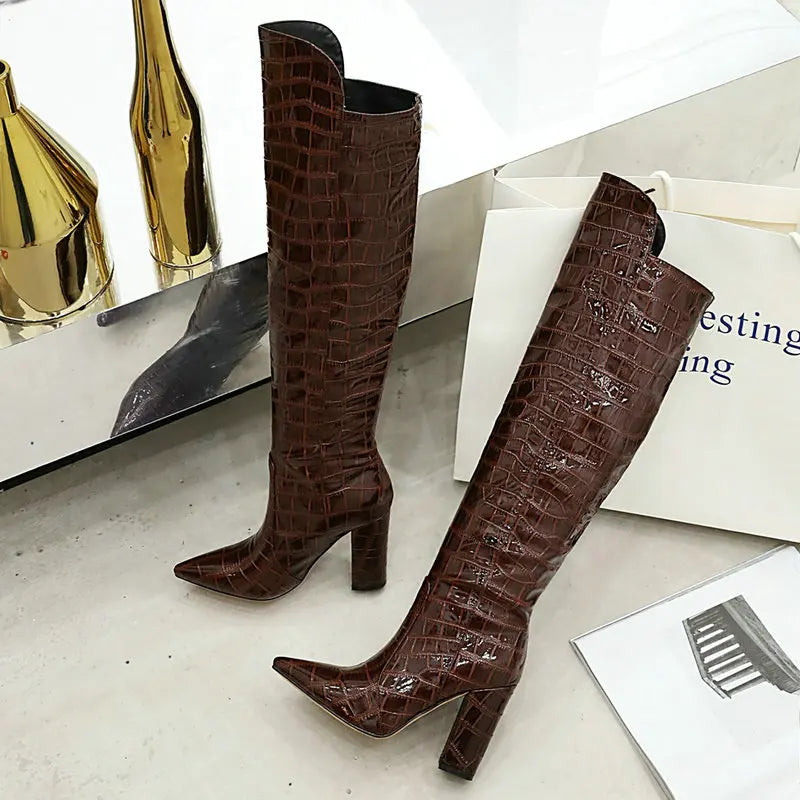 Black Brown Wine Red White Women Over the Knee Boots Patent PU Leather Women Winter Shoes Fashion Pointed Toe Square Heel Shoes