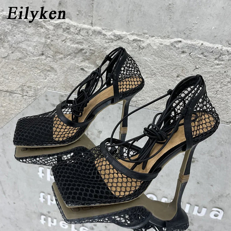 Eilyken 2023 New Sexy Mesh Pumps Sandals Female Square Toe High Heel Lace Up Cross-Tied Stiletto Hollow Shoes