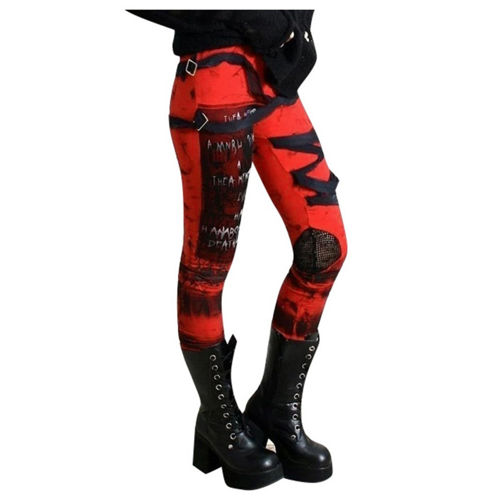 Gothic Punk Leggings Women Tight Elastic Pants Leggins Mujer Hip Hop Rocker High Waist Distressed Legging Pantalones De Mujer