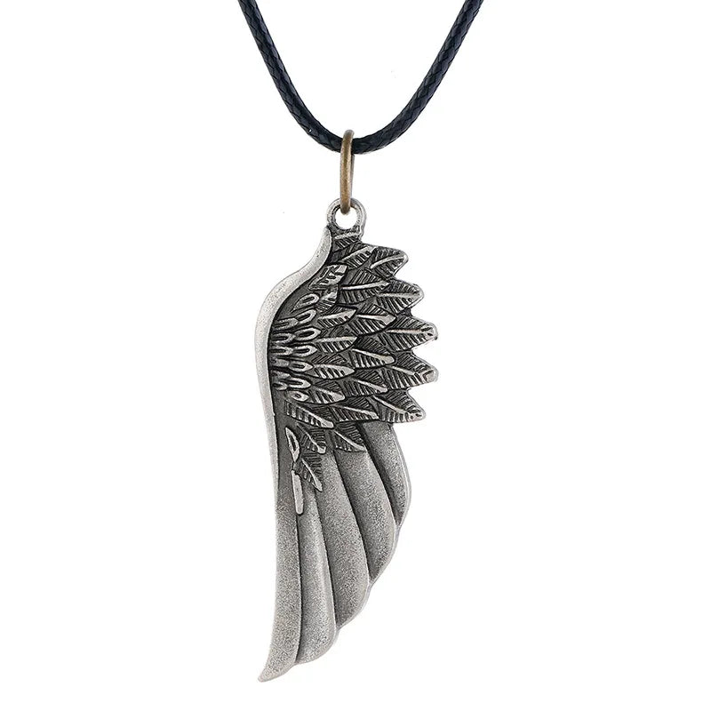 Personality Men's Women's Jewelry Vintage Cross Angel Wing Pendant Necklace  Long Stainless Steel Necklace Charms