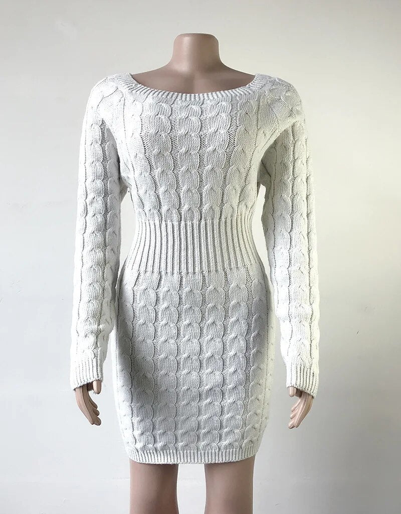 Casual Slash Neck Mini Twisted Sweater Women Vintage Autumn Winter Long Sleeve Knitted Dress Female Bodycon Outwear Dresses