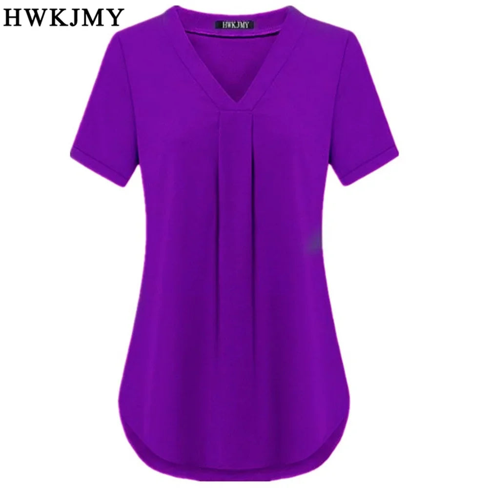 Summer Women's Clothing Casua Sexy V-neck Short Sleeve Shirt Solid Color Loose Pleated Chiffon T-shirt Tops Ladies Tee S-6XL
