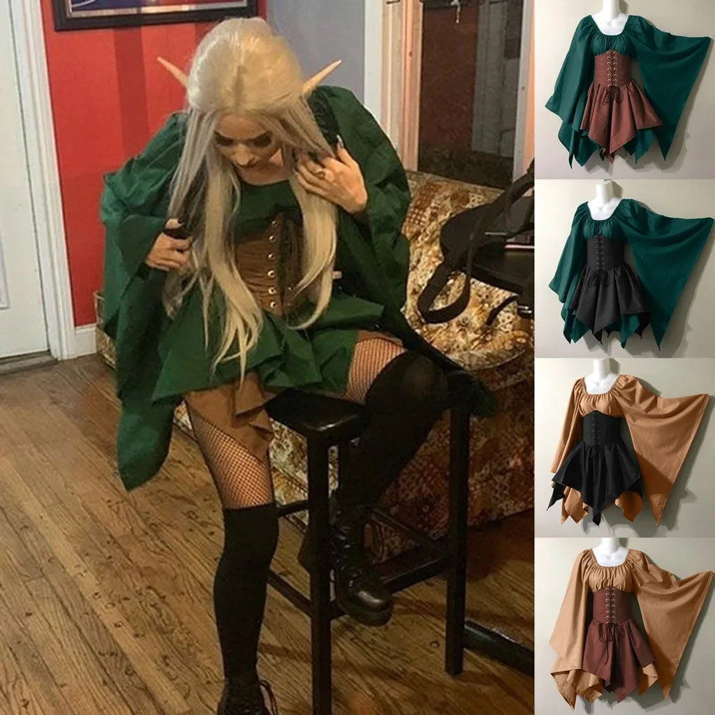 Halloween Women Witch Dress Medieval Cosplay Costumes Retro Gothic Party Dress Long Sleeve Corset Lace Up Slim Irregular Dress