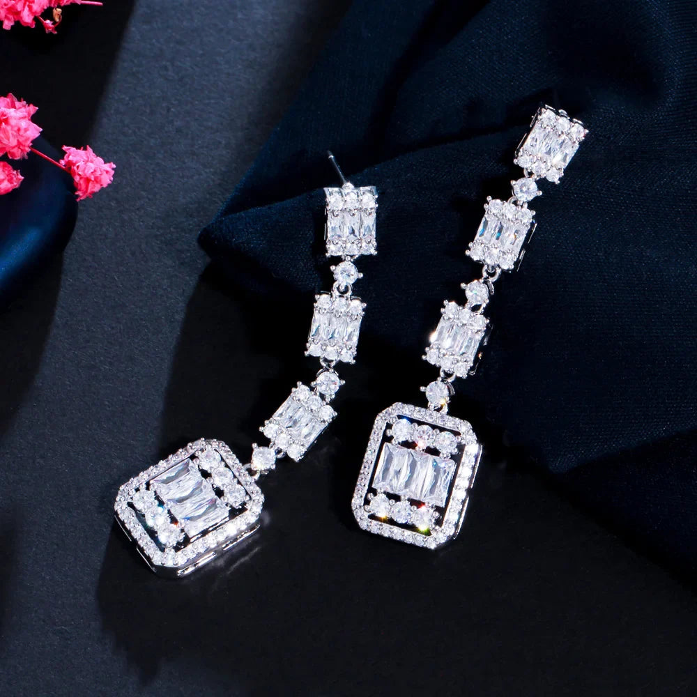 CWWZircons Gorgeous White Baguette CZ Long Dangle Party Earrings for Women Chic Cubic Zirconia Engagement Bridal Jewelry CZ065