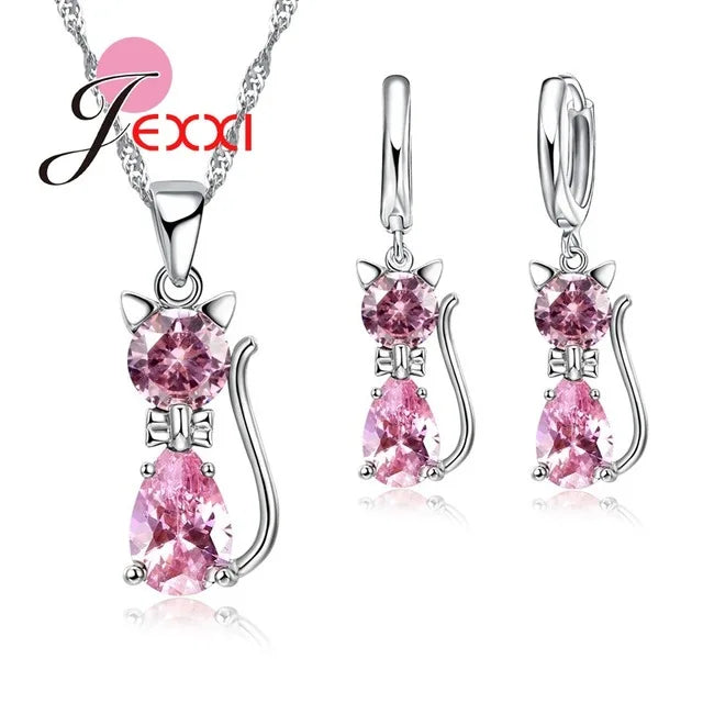 HOT New Arrivals Genuine 925 Sterling Silver Shiny Cubic Zirconia Cat Kitty Necklace Pendant Hoop Earrings Fast Shipping