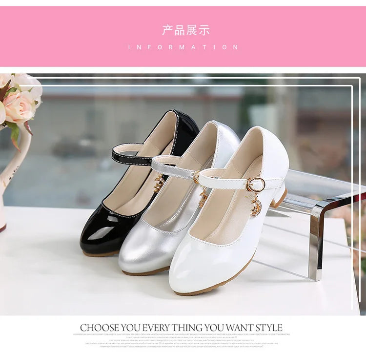 Children Girls Leather Shoes White Princess High Heel Shoes For Kids Girls Performance Dress Student Show Dance Sandals 26-41