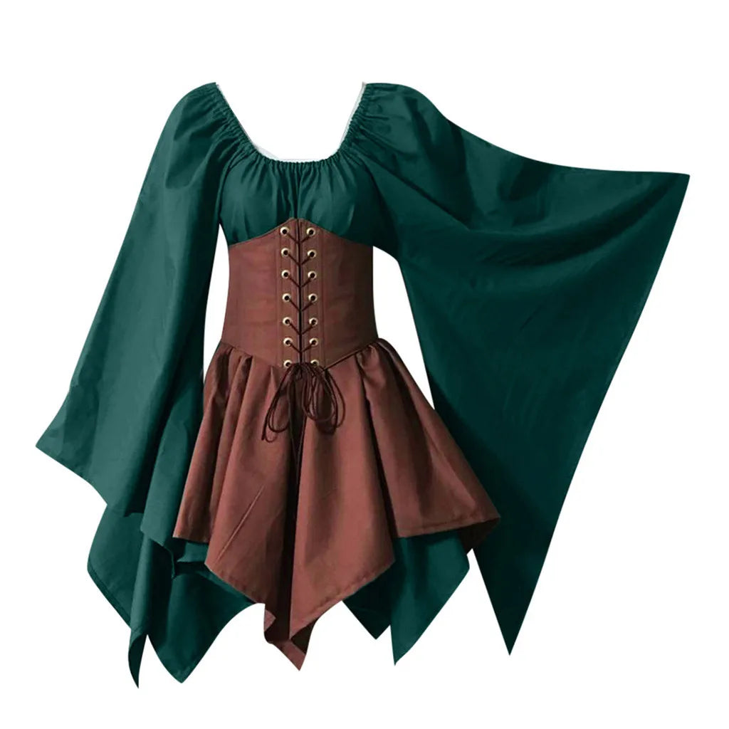 Halloween Women Witch Dress Medieval Cosplay Costumes Retro Gothic Party Dress Long Sleeve Corset Lace Up Slim Irregular Dress