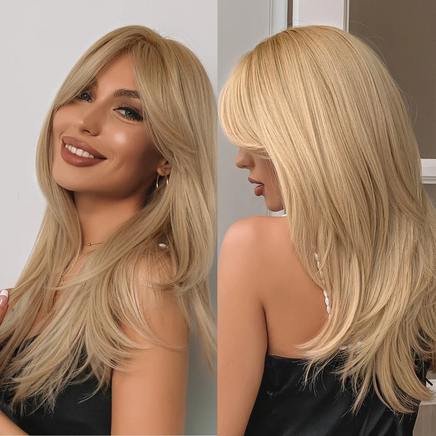 Element Medium Length Synthetic Straight Natural Brown Wigs with Side Bangs Heat Resistant Party Wigs for White/Black Women
