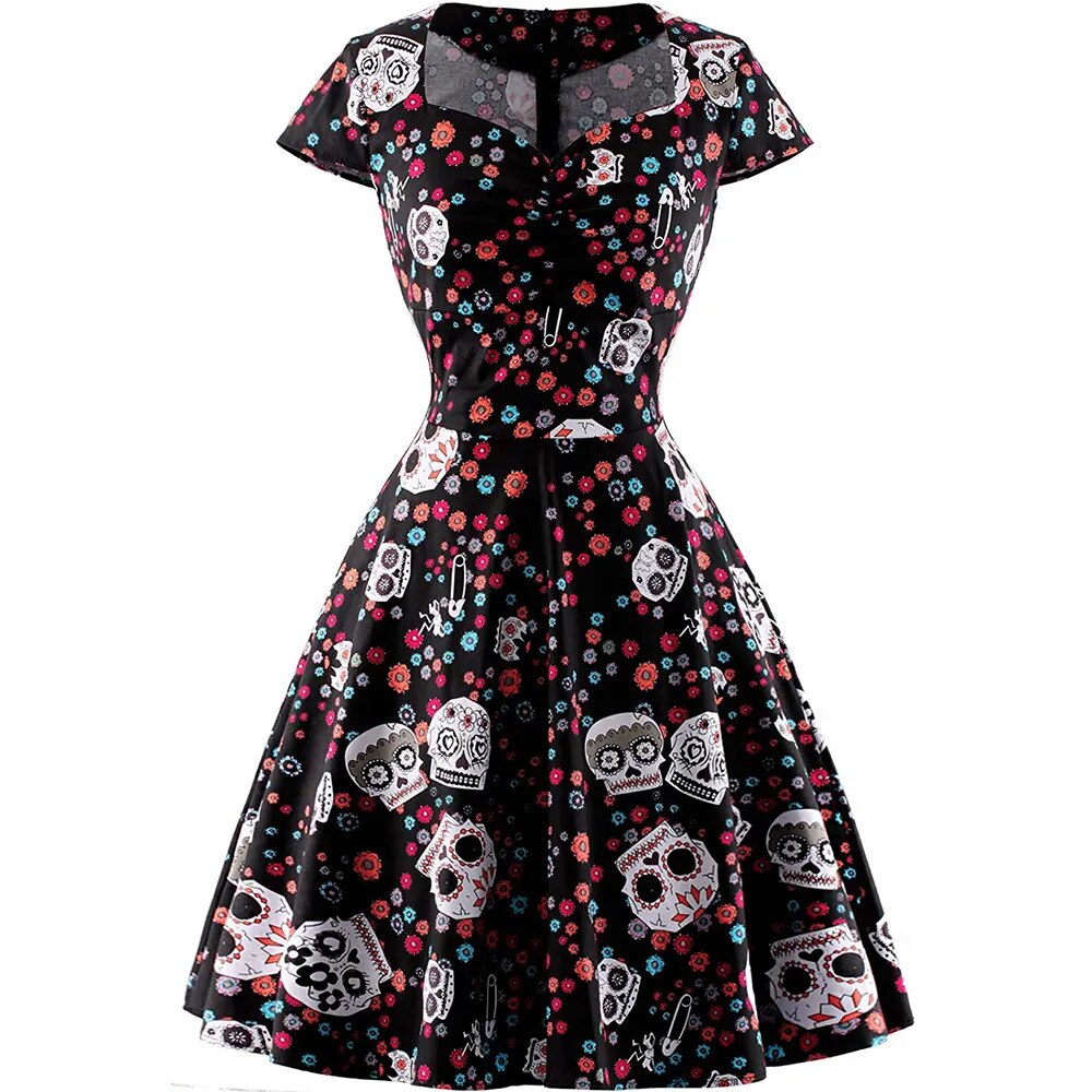Hepburn Pin Up Rockabilly Vestidos Vintage Gothic Party Dresses Skull Print Swing 50s 60s Dress Women Emo Alt Halloween Clothes