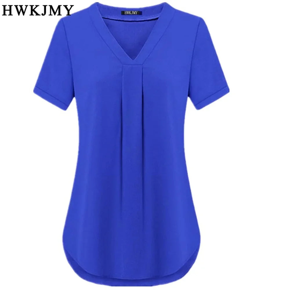 Summer Women's Clothing Casua Sexy V-neck Short Sleeve Shirt Solid Color Loose Pleated Chiffon T-shirt Tops Ladies Tee S-6XL