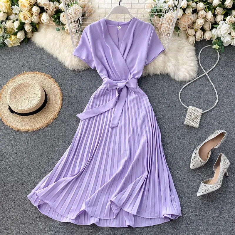 Vintage Slim v neck bandage pleated Dress Summer midi long elegant dress vestido de festa Women tunic Dresses