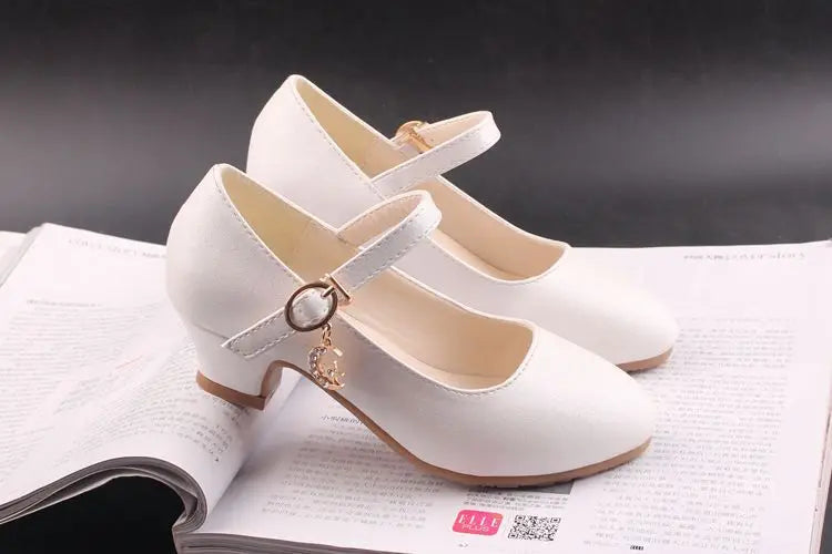 Children Girls Leather Shoes White Princess High Heel Shoes For Kids Girls Performance Dress Student Show Dance Sandals 26-41