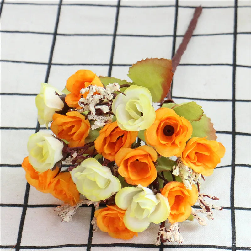 Autumn 15 Heads/Bouquet Small Bud Roses Bract Silk Artificial Flower DIY Wedding Home Christmas Decor Floral Gifts Photo Props