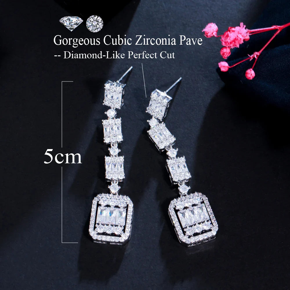 CWWZircons Gorgeous White Baguette CZ Long Dangle Party Earrings for Women Chic Cubic Zirconia Engagement Bridal Jewelry CZ065