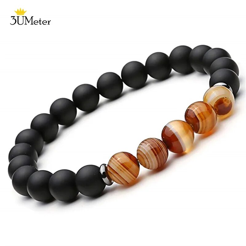 2PCS Natural Striped Agates Matte Black Onyx Beaded Bracelet for Women Men Natural Stone Hematite Bracelet Jewelry Pulseras