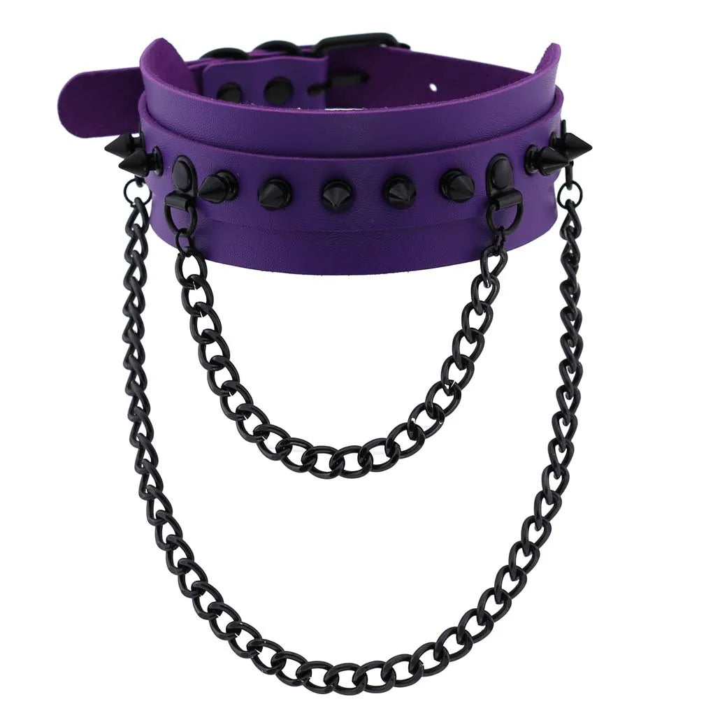 Emo Purple Goth Punk Leather Choker Necklaces Women Men Harajuku Black Rivet Metal Chian Necklace Halloween Cosplay Y2K Jewelry