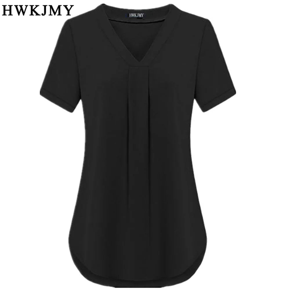 Summer Women's Clothing Casua Sexy V-neck Short Sleeve Shirt Solid Color Loose Pleated Chiffon T-shirt Tops Ladies Tee S-6XL
