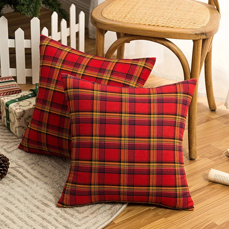 Inyahome Christmas Plaid Decorative Throw Pillow Covers Scottish Tartan Cushion Case for Farmhouse Home Holiday Decor Red Green