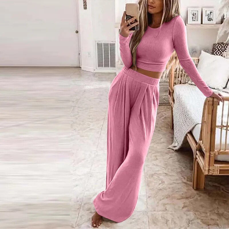 Autumn Women's Solid Knitted Casual Home Wear Slim Tops Two-Piece Wide Leg Pants Set Ladies Clothes Winter Fashion Commuter Suit
