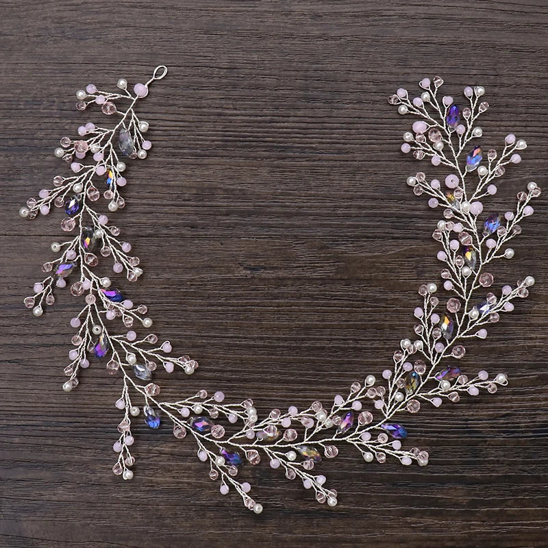 Trendy Purple Crystal Pearl Wedding Headband Tiara Handmade Hairband Bridal Headpiece Wedding Hair Accessories Women's jewelry