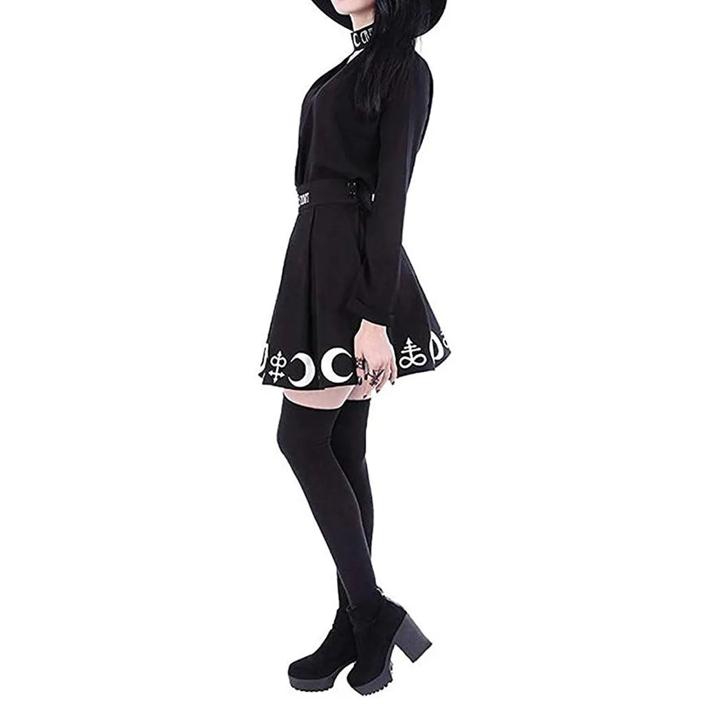 Goth Skirts Women 2022 Gothic Punk Pleated Mini Skirt Rock Girls Witchcraft Moon Magic Spell Symbols Skirt jupe юбка