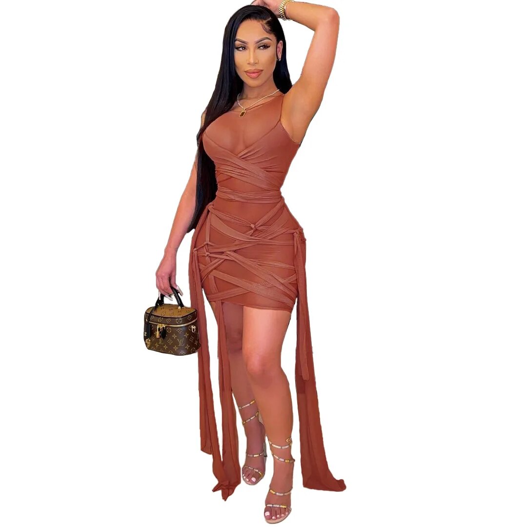 CM.YAYA Women's Mesh See Though Drawstring Lace Up Sleeveless Mini Dress