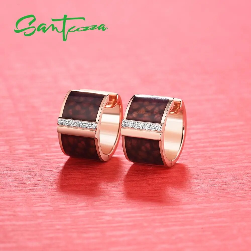 SANTUZZA Silver Earrings For Women 925 Sterling Silver Rose Gold Color Brown Chic Earrings Trendy Fine Jewelry Handmade Enamel