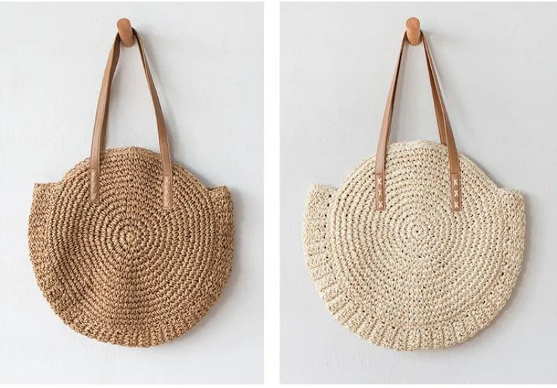 Round Straw Beach Bag Vintage Handmade Woven Shoulder Bag Raffia circle Rattan bags Bohemian Summer Vacation Casual Bags