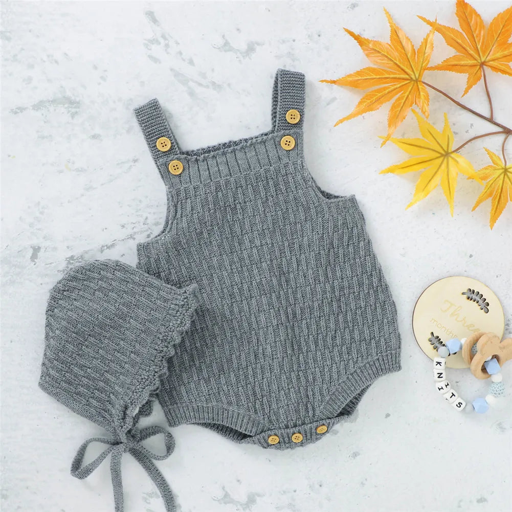 Baby Spring Autumn Clothes Set Knitted Romper Triangle Crotch Button One-Piece Jumpsuit+Hats Toddler Baby Boys Girls 2Pcs