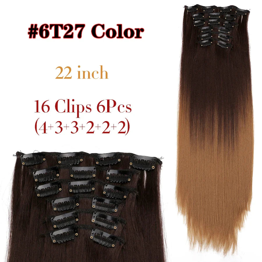 Leeons 16Clips Long Straight Synthetic Clip On Hair Extensions Cheveux Clip Naturel High Temperature Fiber Black Brown Hairpiece
