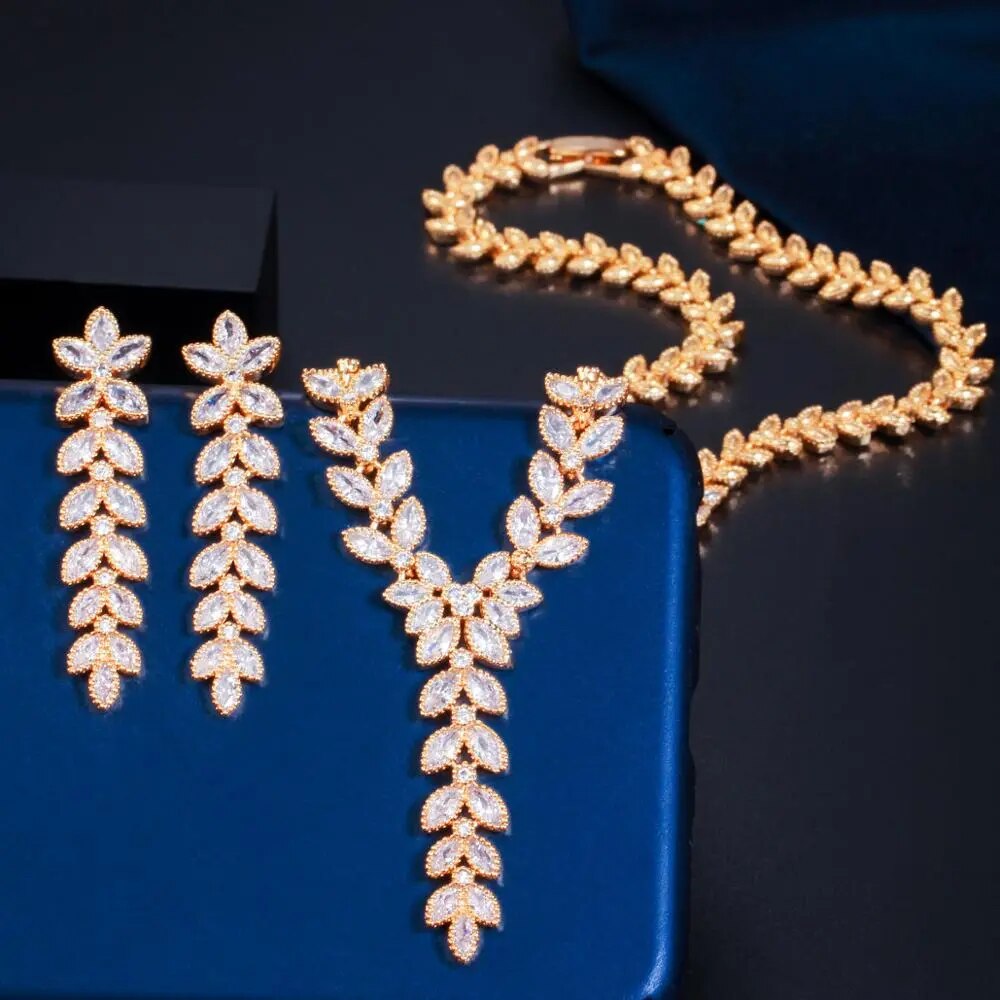CWWZircons Leaf Shape Dangle Drop Earring and Necklace African Nigerian CZ Gold Color Wedding Jewelry Set for Brides T488