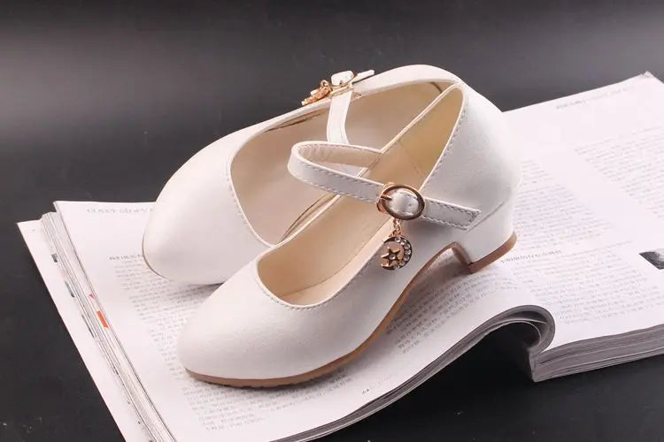 Children Girls Leather Shoes White Princess High Heel Shoes For Kids Girls Performance Dress Student Show Dance Sandals 26-41