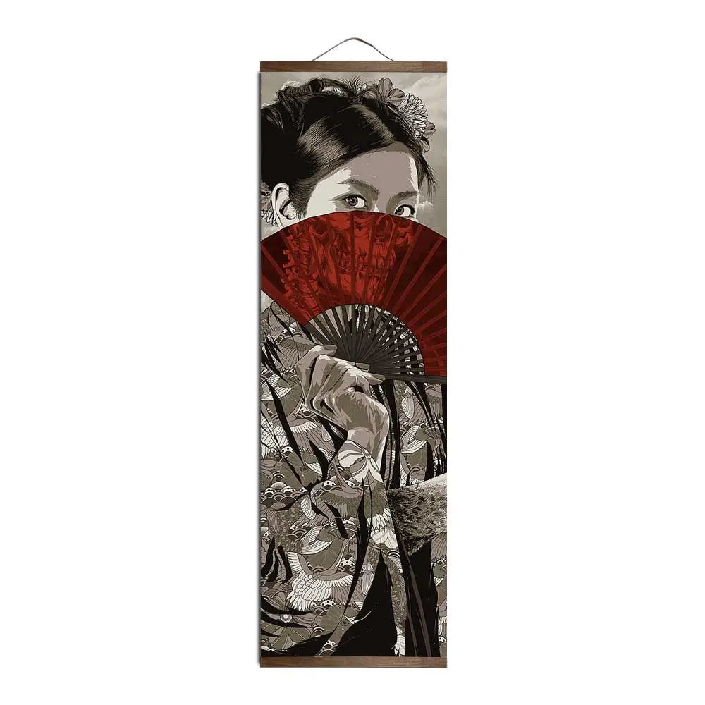 Japanese Samurai Ukiyoe Tiger Canvas Poster Pictures for Living Room Home Decor Painting Wall Art with Solid Wood Hanging Scroll