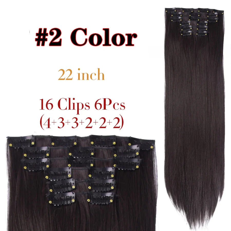 Leeons 16Clips Long Straight Synthetic Clip On Hair Extensions Cheveux Clip Naturel High Temperature Fiber Black Brown Hairpiece