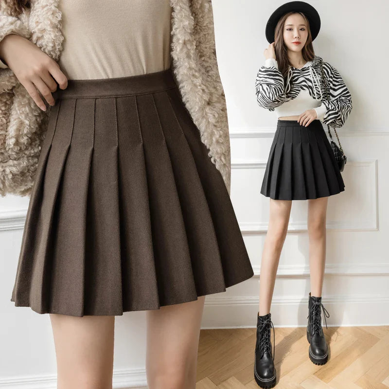 New Winter Woolen Skirt Women Solid High Waist Pleated Mini Skirts Vintage School A Line Falda Plisada Beige Grey Black Brown