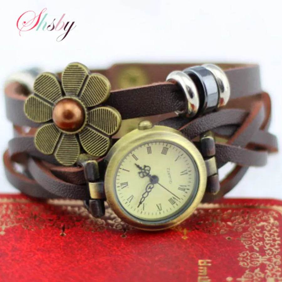 Shsby  New Women Vintage Leather Strap Watches Pearl Sun Flower Bracelet Women Watch Brown Women Wristwatch