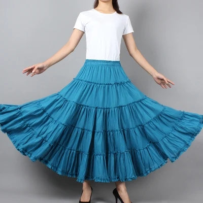 Boho Beach Midi Umbrella Long Skirts Summer Femininas Sundress Maxi Cotton Skirts Elastic Waist Pleated Spliced Patchwork Skirts