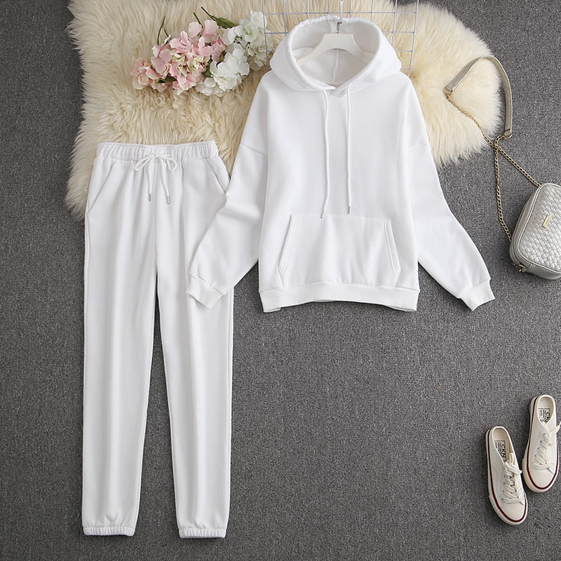 ALPHALMODA New Winter Hooded Sweatshirt Pants 2pcs Set Seasonal Trendy Thickened Warm Fleece Tracksuits Trousers Set Candy Colo