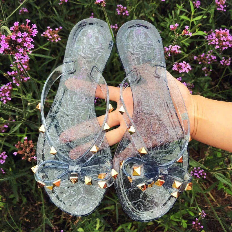 Slippers Hot Sale Fashion Women Flip Flops Summer Shoe Cool Beach Rivet Big Bow Flat Sandals Jelly Shoes Sandal Girls Size 36-42