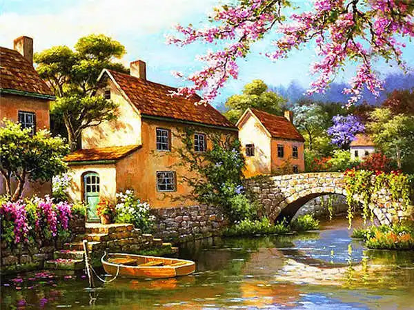 Huacan Diamond Embroidery Landscape Handmade Diamond Painting Village Needlework Mosaic Cross Stitch Home Decor