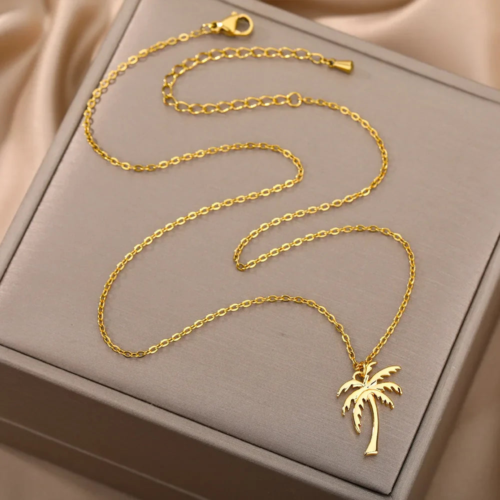 Coconut Palm Tree Necklace For Women Dainty Stainless Steel Palm Necklace Bohomian Jewelry Summer Ocean Beach Accessories
