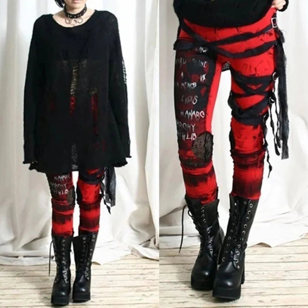 Gothic Punk Leggings Women Tight Elastic Pants Leggins Mujer Hip Hop Rocker High Waist Distressed Legging Pantalones De Mujer