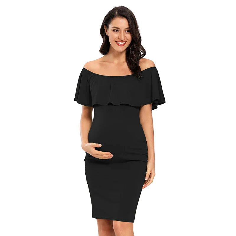 Liu&Qu Women's Maternity Dress Off Shoulder Ruffle Sleeveless Bodycon Dress Elegant Ruched Sides Bodycon Dresses for Baby Shower
