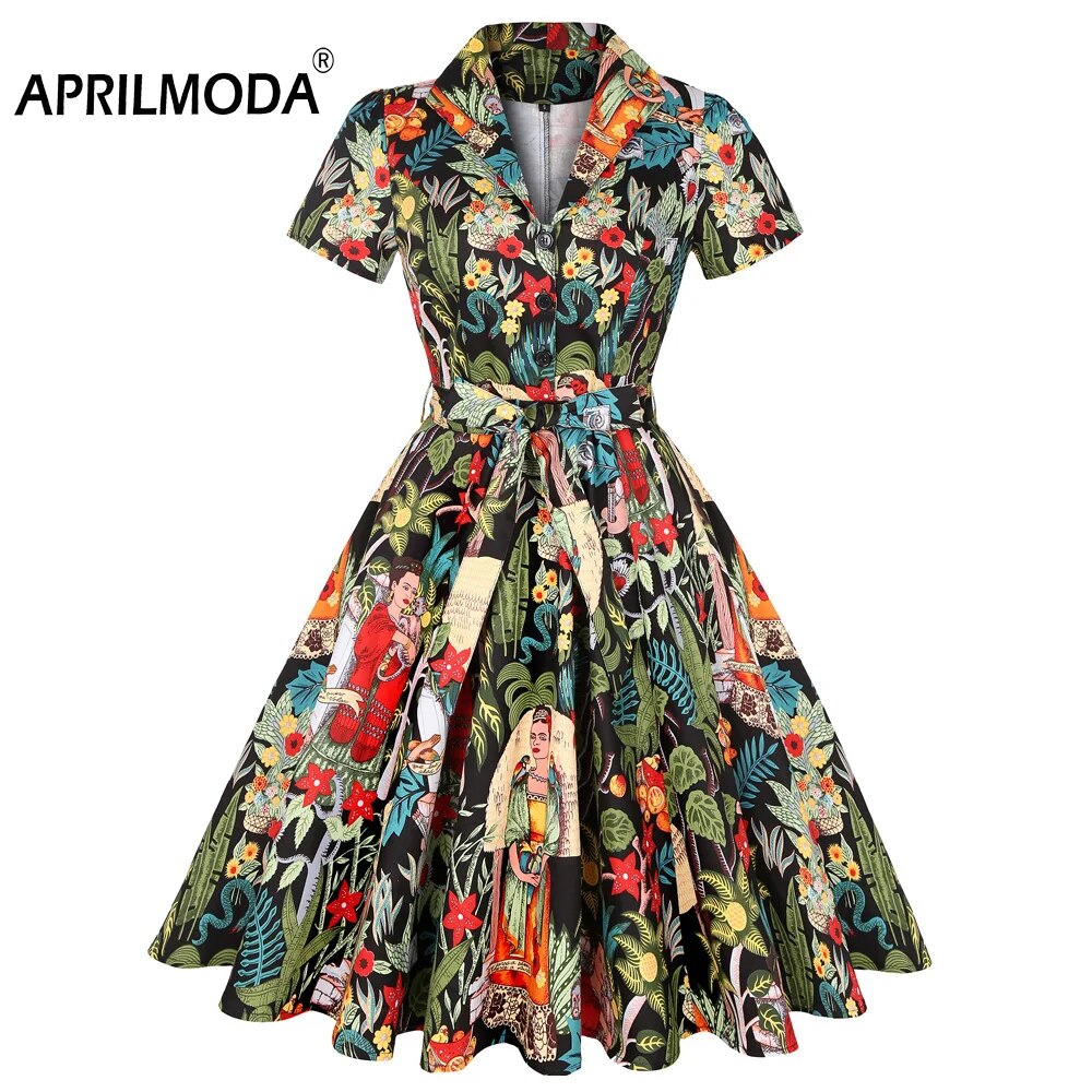 Autumn Cotton Vintage Tunic Midi Dress 50S Short Sleeve 4XL 70s Robe Swing Retro Floral Print White Rockabilly Office Vestidos