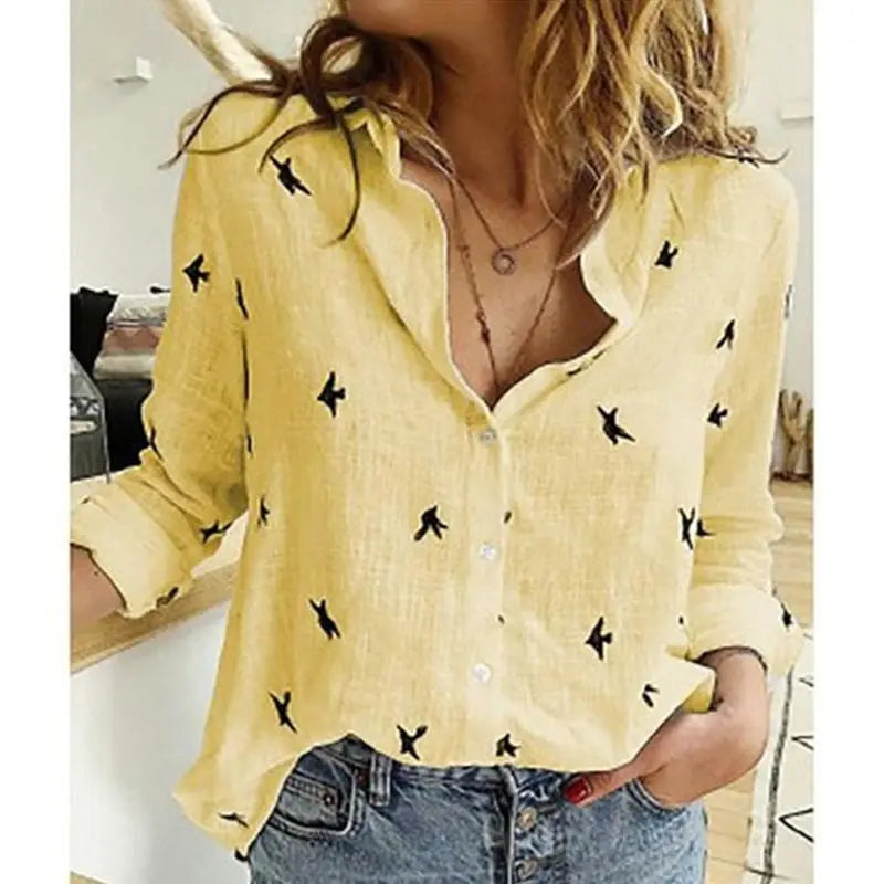 Jocoo Jolee Women Casual Birds Print Blouse Spring Summer Long Sleeve Cotton and Linen Loose Shirt Vintage Tops Tunic Oversized