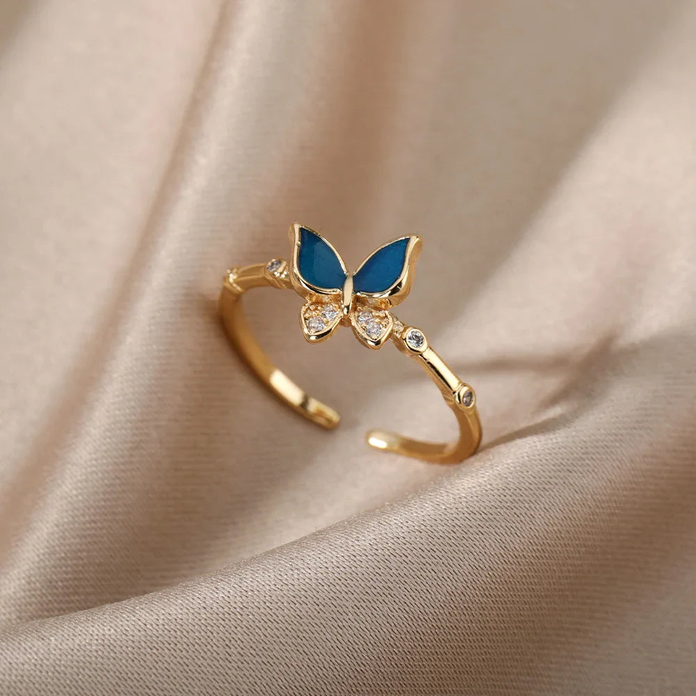Butterfly Rings for Women Shiny Crystal Zirconia Bohemian Vintage Blue Enamel  Finger Ring Fashion Party Jewelry Gift Mujer