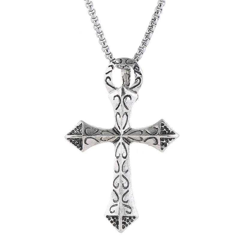 Personality Men's Women's Jewelry Vintage Cross Angel Wing Pendant Necklace  Long Stainless Steel Necklace Charms