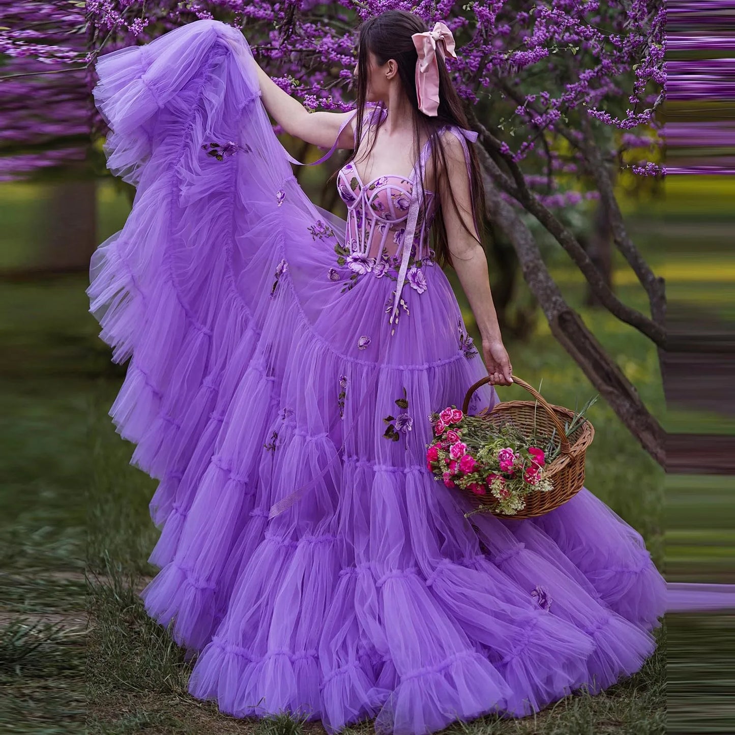 Purple Adjustable Straps Tied Bow Prom Dress Sweetheart Tulle Dress Layered Tulle Evening Dress A-Line Floral Dress Lace-Up Back